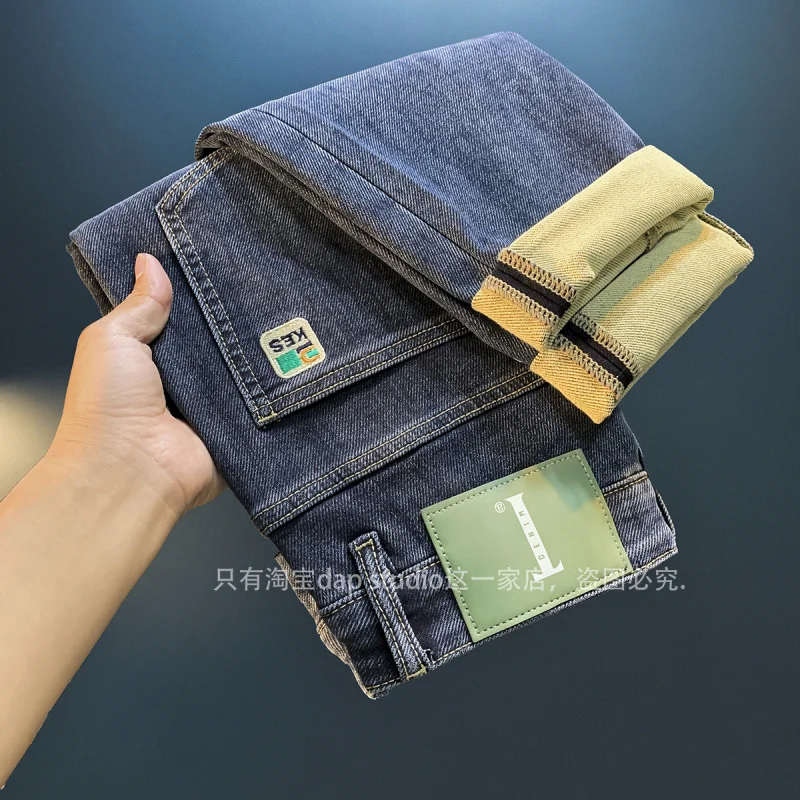 

2024 Autumn and Winter Jeans Men's Fashionable Embroidered Tapered Harem Pants Twill Denim Casual Stretch Thick Trousers