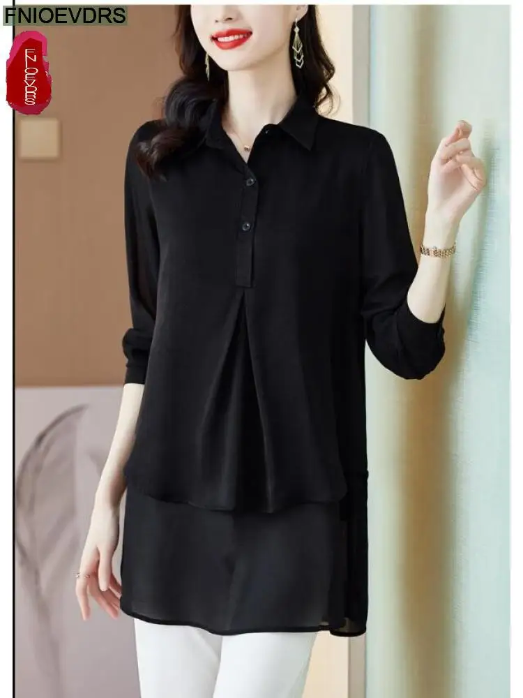 M-3XL 2023 Women European Style Fashion Elegant Office Lady Work Button Shirt Casual Black Robe Tunic Peplum Tops And Blouses