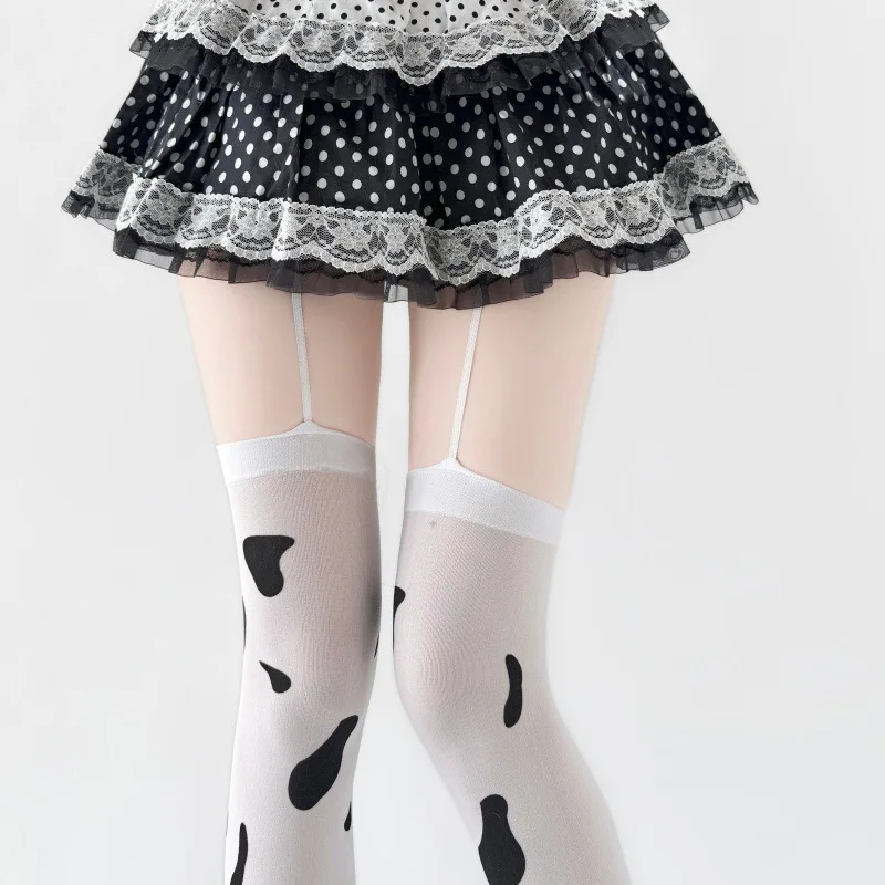 Cow Pattern Spotted Milky White Flat Top Thigh High Stockings With Suspender Straps Cute Pure Aesthetic Female Fashion Legwear