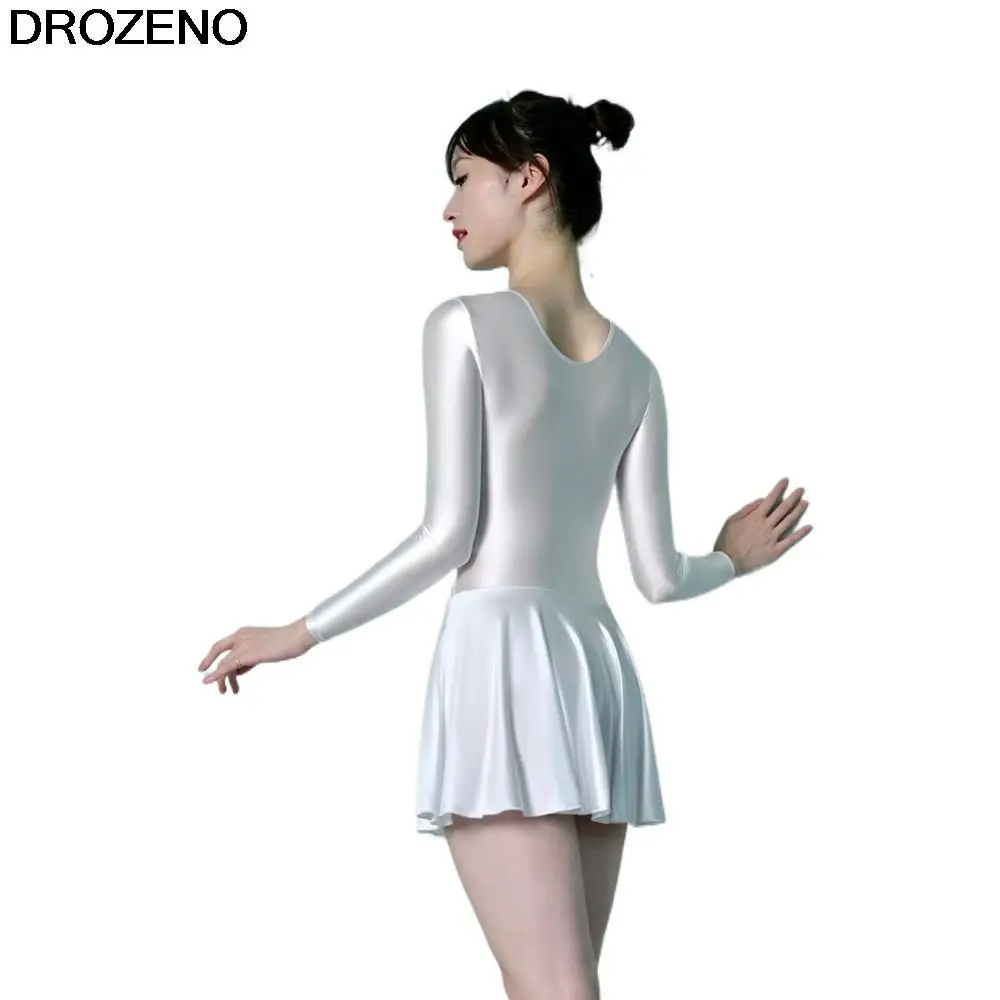 Drozeno stretto sexy lucido setoso gonna attillata di un pezzo sport Yoga balletto danza vestito manica lunga corpo gonna costume intero