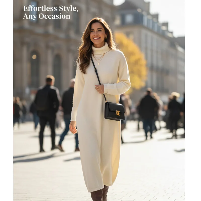 

Elegant Women's Knitted Turtleneck Dress Long Sleeve Sweater Casual Autumn Winter Dress Comfortable Warm Fashion For Daily Wear