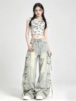 Women's Blue Multi Pocket Cowboy Pants Cargo Y2K Japanese Harajuku Streetwear Aesthetics Retro 90S Jeans Pants Clothing 2025 New 2
