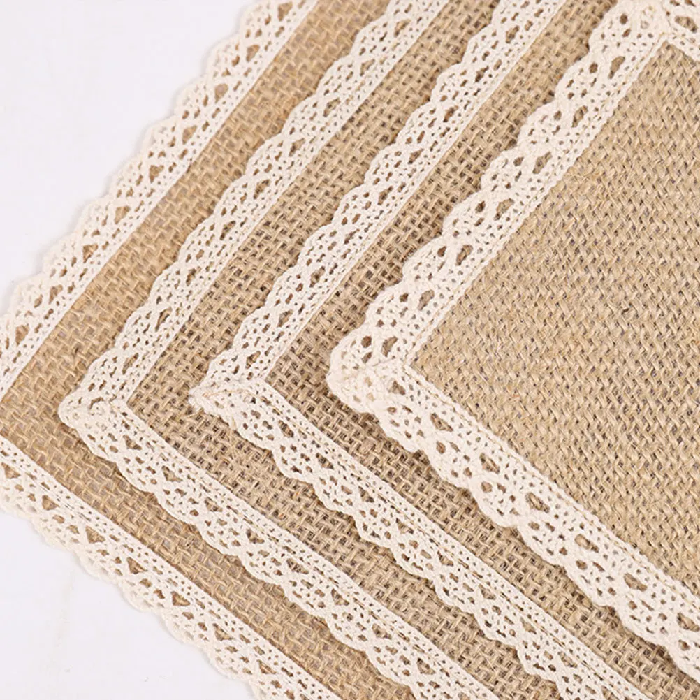 

5Pcs Burlap Jute Lace Tableware Set Natural Coasters Placemats 10x10 Waterproof Rustic Dining Wedding Party Decoration