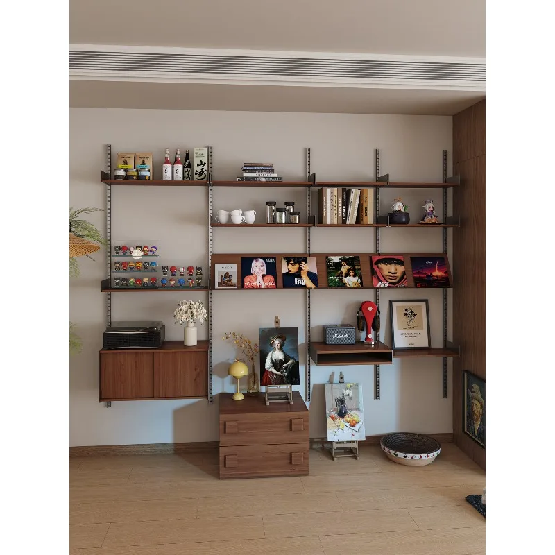 606 shelf wall hole board storage rack, small apartment solid wood antique wall track bookshelf