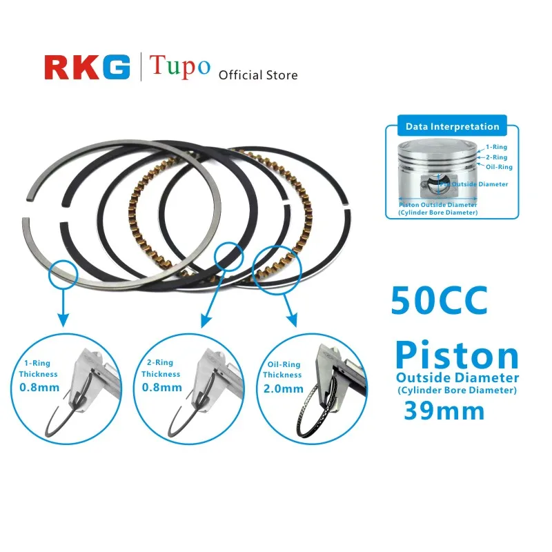 Tupo Piston Rings 39mm 44mm 47mm 50mm 52.4mm 57.4mm 58.5mm For GY6 50cc 60cc 80cc 100cc 125cc 150cc Mopeds Scooter ATV UTV Bike