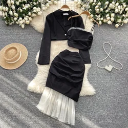 Chic Women Three-Piece Sets Notched Neck Single Button Coat Straps Camis Top High Waist Skirt French High Street Winter Clothing