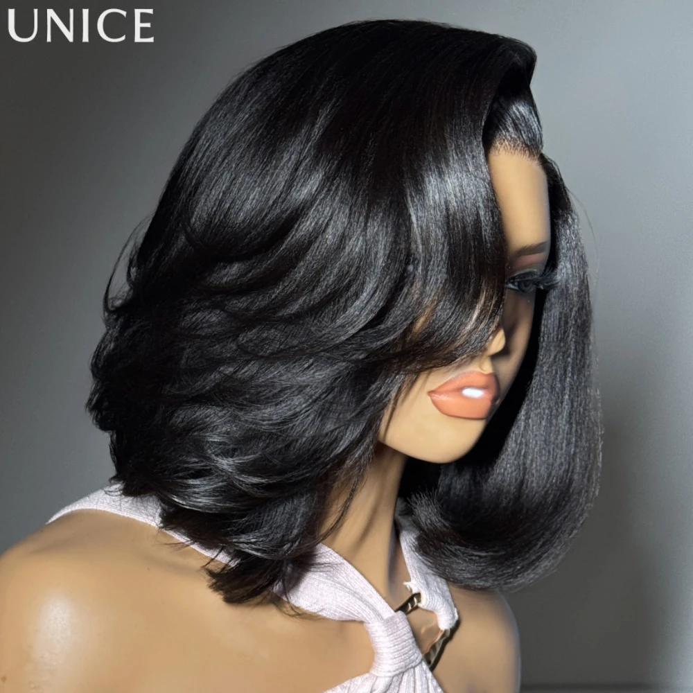 

UNice Hair Light Yaki Bob Wig Human Hair 7x5 Lace Glueless Wigs 150% Density Can Be Restyled Freely