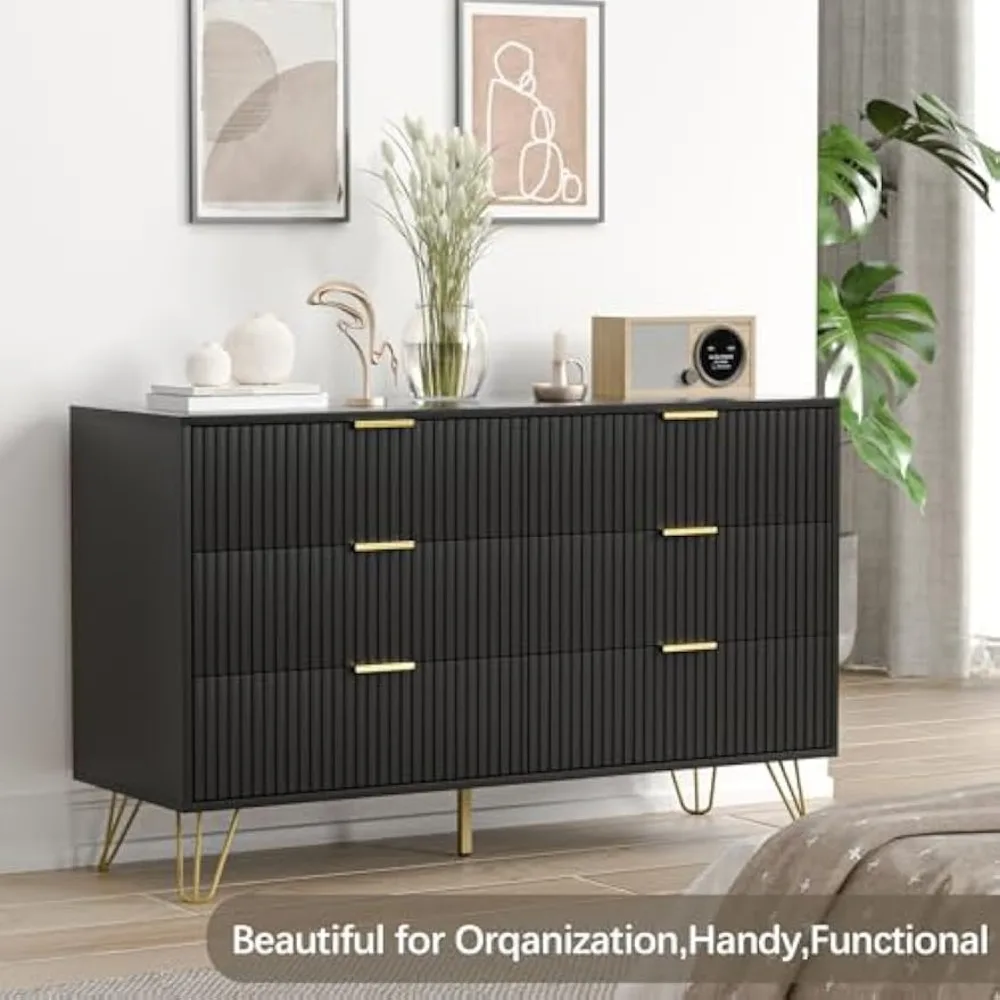 Black dresser, modern dresser for bedroom, 6-drawer dresser, wide drawer and gold handles, drawer locker