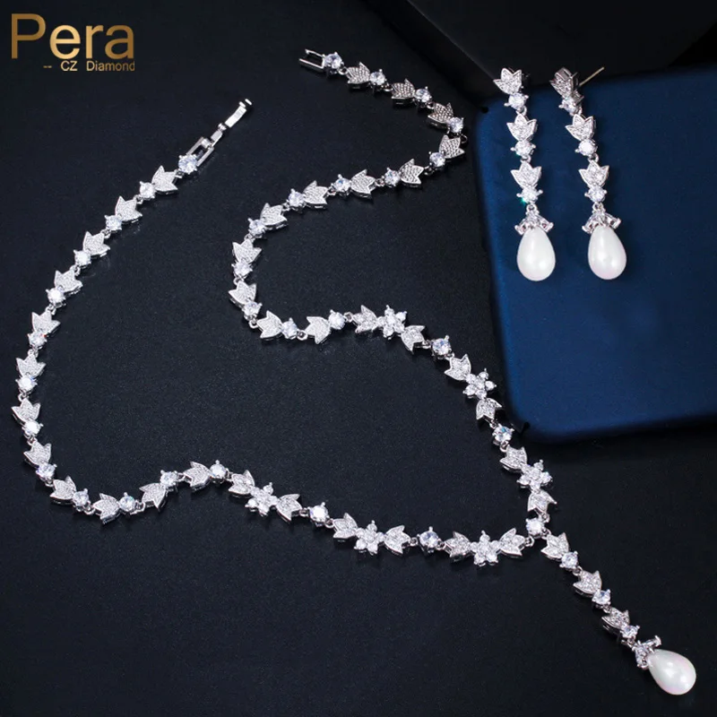 

Pera Bridal Elegant White CZ Stone Long Pearl Drop Earrings and Pendant Necklaces for Women Wedding Banquet Jewelry Sets J293