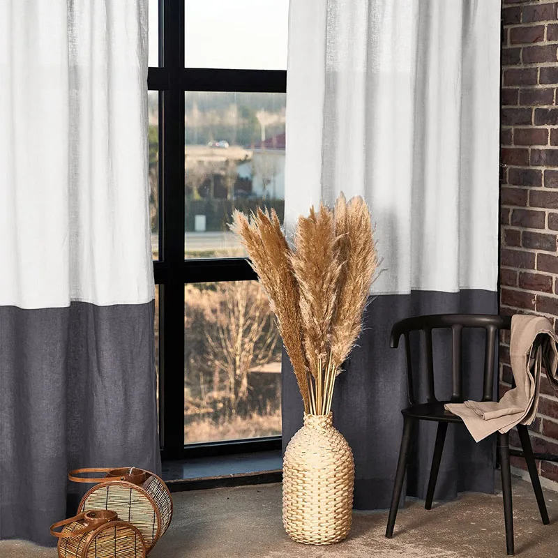 Color Block Window Curtain Linen Drape Treatment with Rod Pockets Rustic Panels for Bedroom  Living Room Farmhouse Decor TJ7721