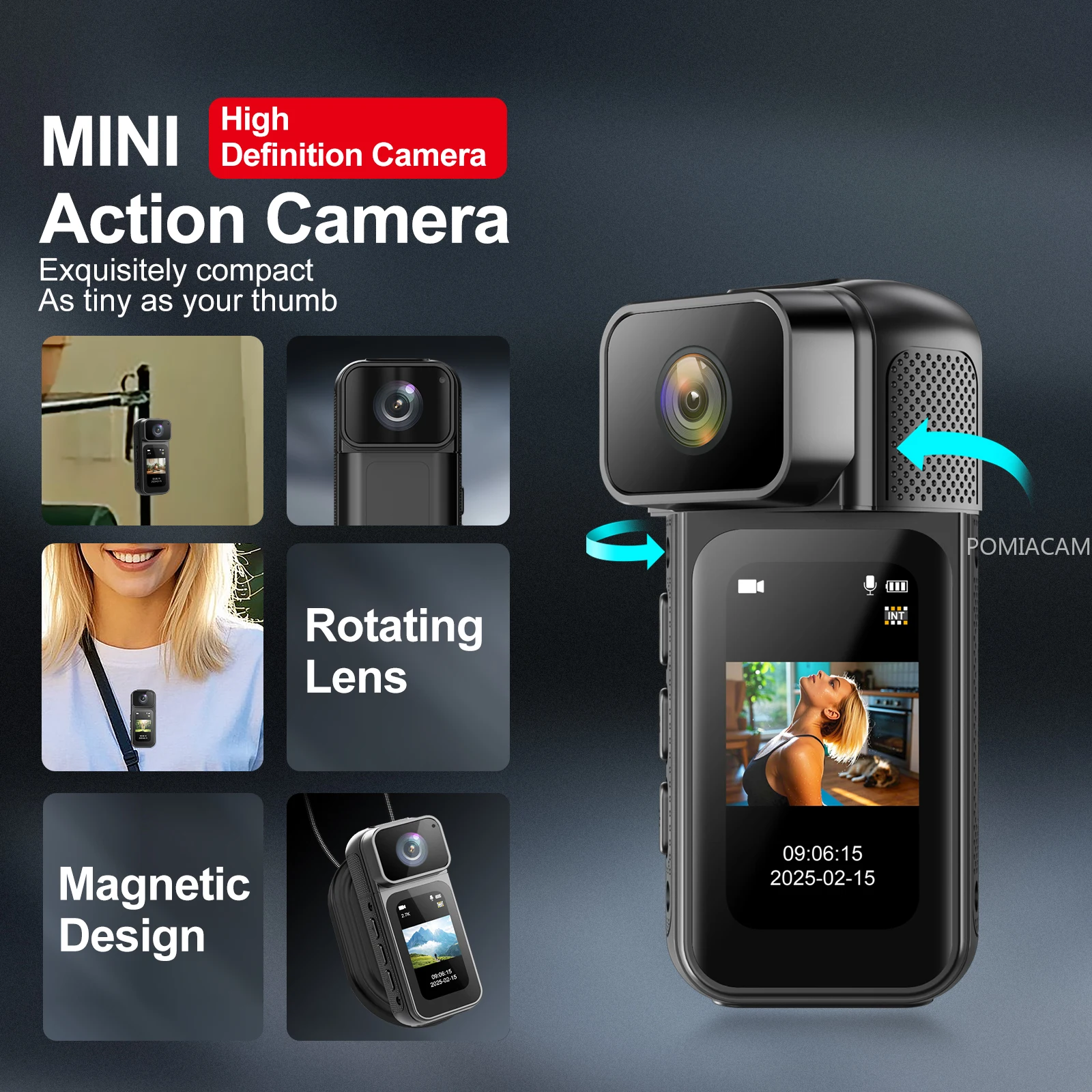 Mini Thumb Camera S80 2.7K HD Action Camera Magnetic 180° Rotating Lens Portable POV Camera for Outdoor Sports Vlog