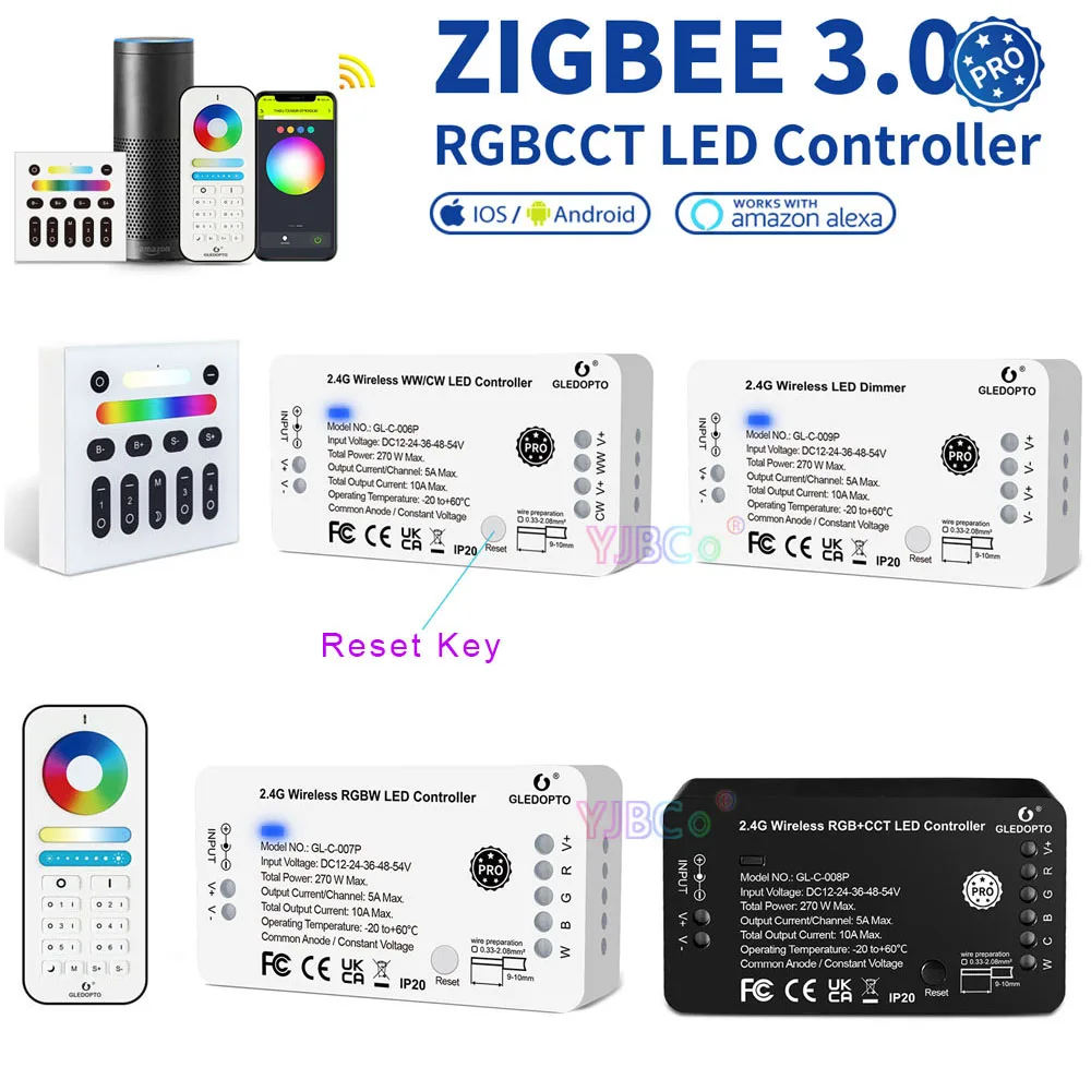 

GLEDOPTO Zigbee 3.0 Pro RGBW/RGBCCT/Single color/RGB led Strip LED Controller Compatible with Hub Tuya SmartThings App 2.4G RF