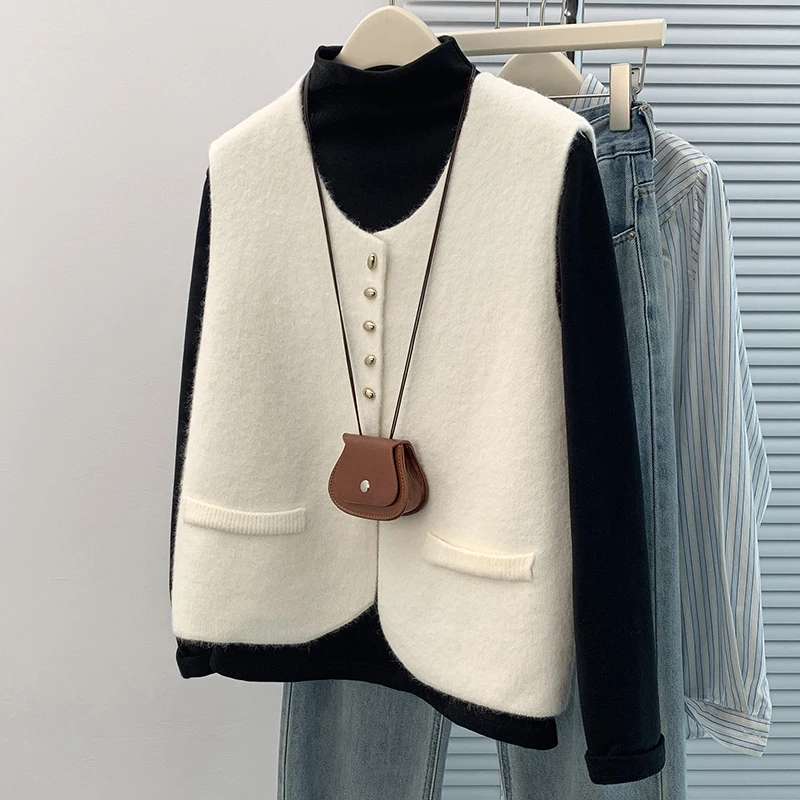 

Women's Knitted Open Cardigan Vest Autumn Winter Elegance Sleeveless Sweater Shoulder Pad Layering Woolen Outerwear