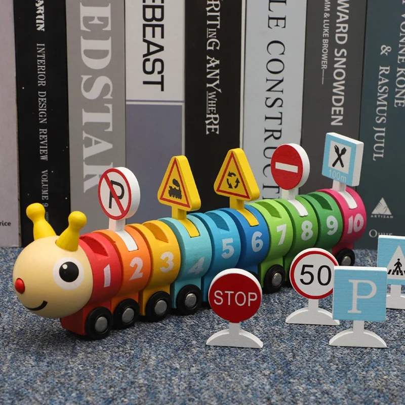 Wooden  Number Train  Linked Educational Toy Traffic Signs For Toddlers Kids Hand  Coordination Early Learning