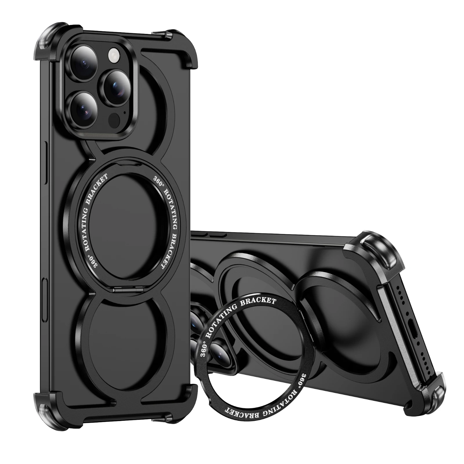 

Metal Frame Magsafe 360° Holder Phone Case For iPhone 16 15 14 13 Pro Max 16plus Aluminum Frameless Transparent PC Bumper Cover