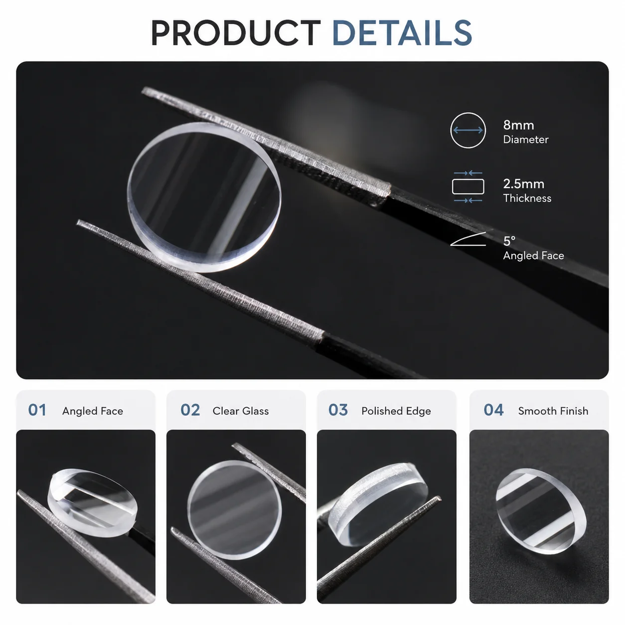 ZhonNa 45° Laser Installation Accessories Optical Lens 8mm Diameter Glass Focus Lens 400-700nm Wavelength Range Professional Las