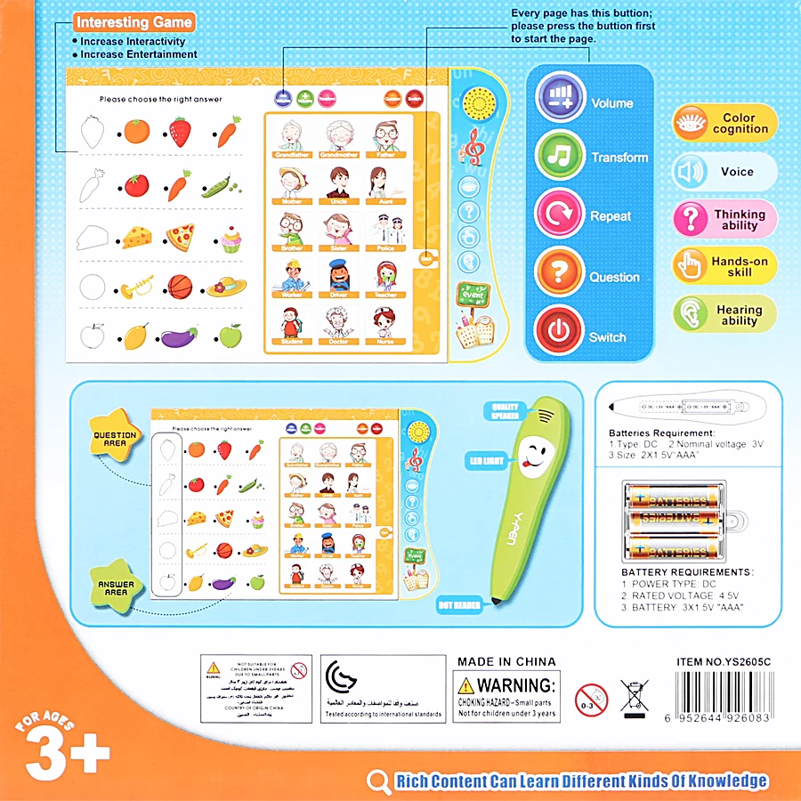 E-Book Reading Book con macchina per l'apprendimento della penna, lettere ABC in lingua inglese, numeri di animali e divertenti scegli il gioco per il giocattolo dei bambini