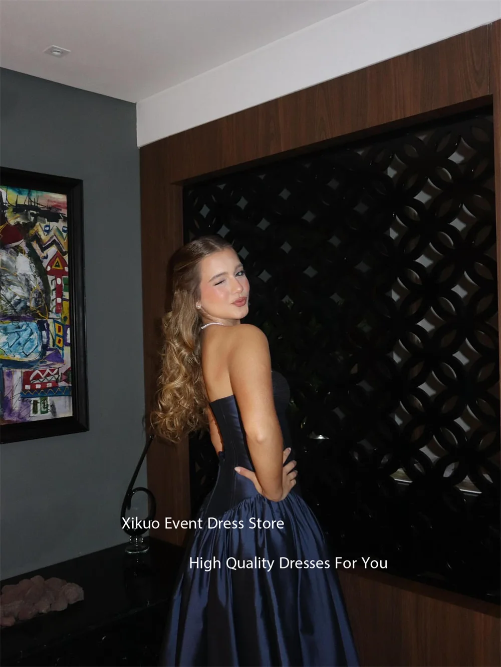 Xikuo azul marinho vestido de noite até o chão uma linha sem alças elegante vestido de festa de casamento vestido de baile vintage personalizado