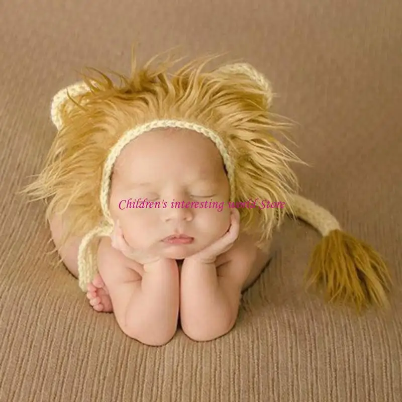 2 ชิ้นสำหรับเด็กอุปกรณ์ประกอบอุปกรณ์ Lion Hat Tail ชุดการถ่ายภาพทารกแรกเกิดเครื่องแต่งกายมือถักนิตติ้งเด็กผู้ชายชุดถ่ายภาพ 425f