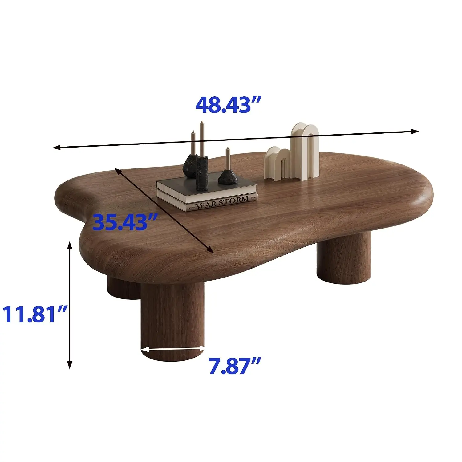 Cloud Coffee Table, 48-Inch Walnut Solid Wood Veneer Low Coffee Table with 3 Solid Wood Cylindrical Legs, Mid, Customized