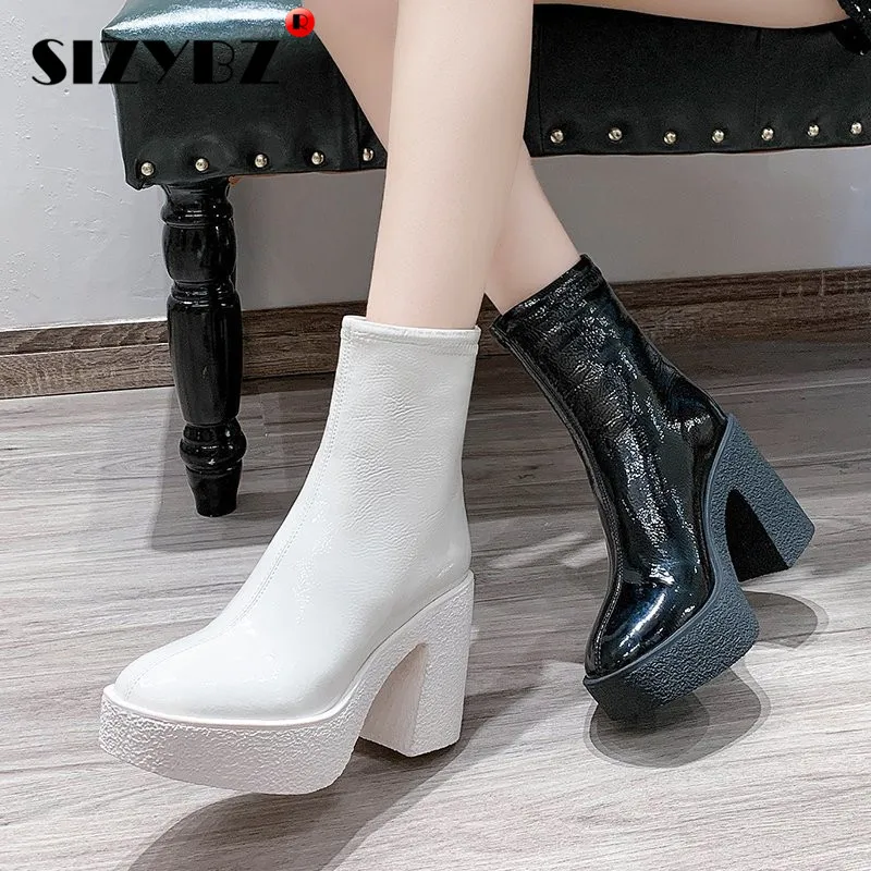 

Women Boots Leather Square High Heel Ankle Boots Round Toe Winter Shoes Woman Warm Comfort Fashion Platform Zipper Boots Black