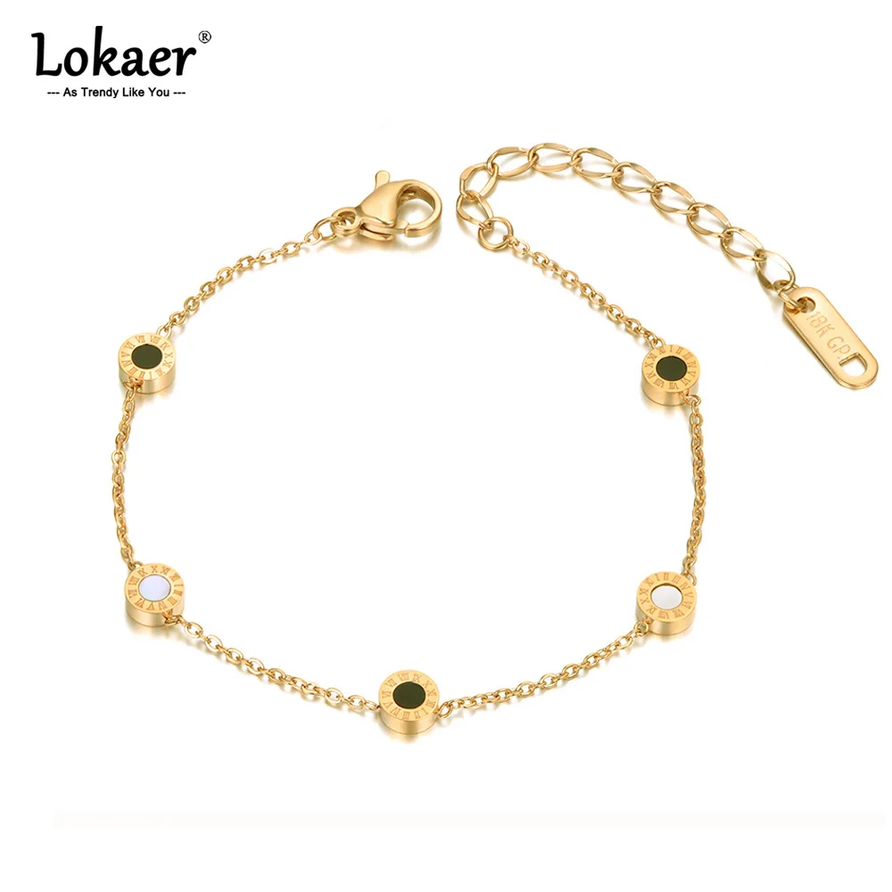 Lokaer Edelstahl Böhmen Shell & Acryl Kette Link Armbänder Für Frauen Mädchen Trendy Römischen Ziffern Charm Armband B20027