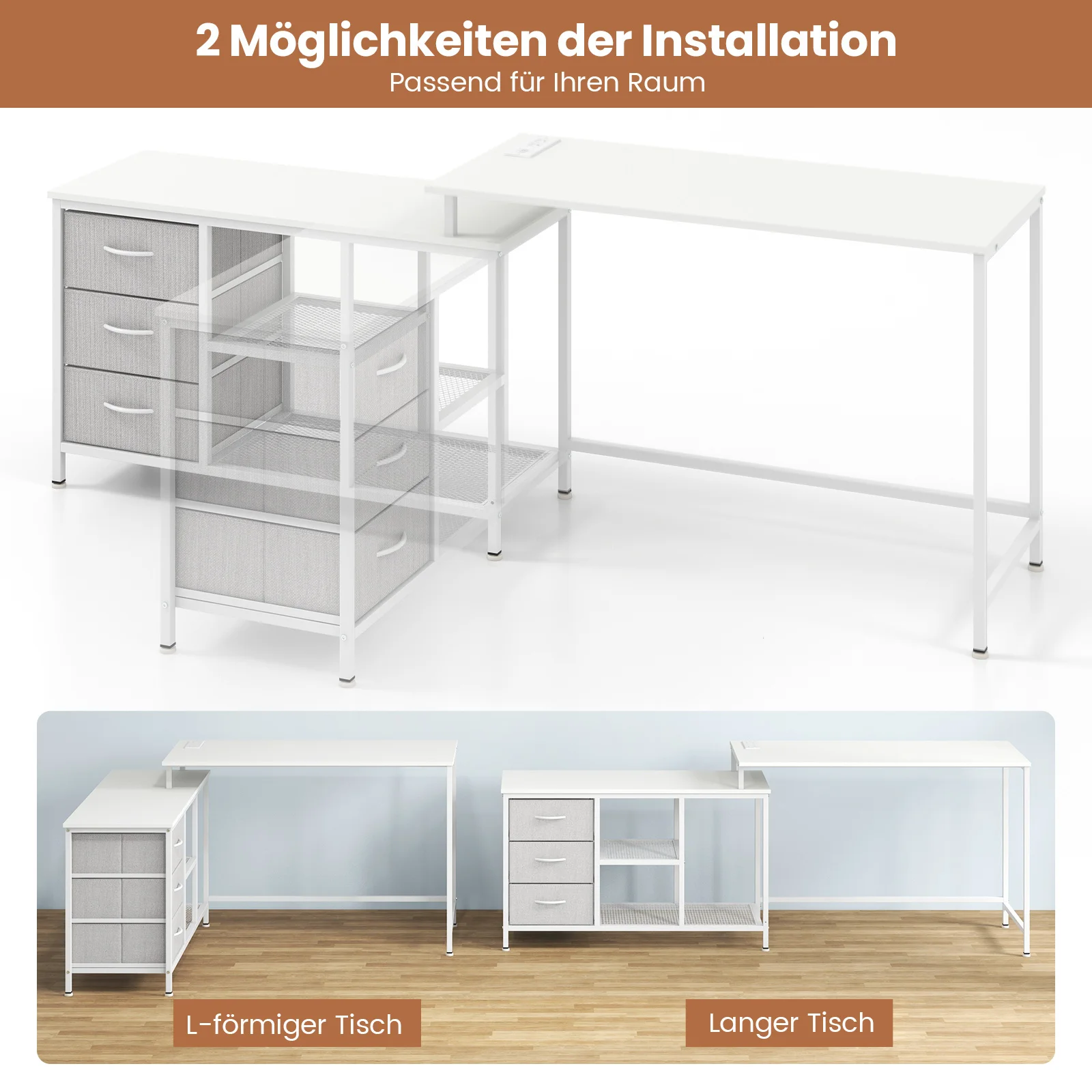 Socket Reversible 3 Fabric Drawers & Grid Ranges desk L-Shaped desk, 205 cm Long Computer