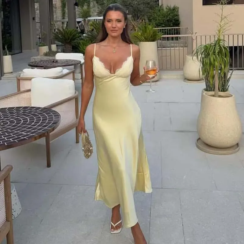 Lace Stitching Satin Dress Female 2025 Summer New Holiday Style Fashion Solid Color Slim Sleeveless Suspender Dress