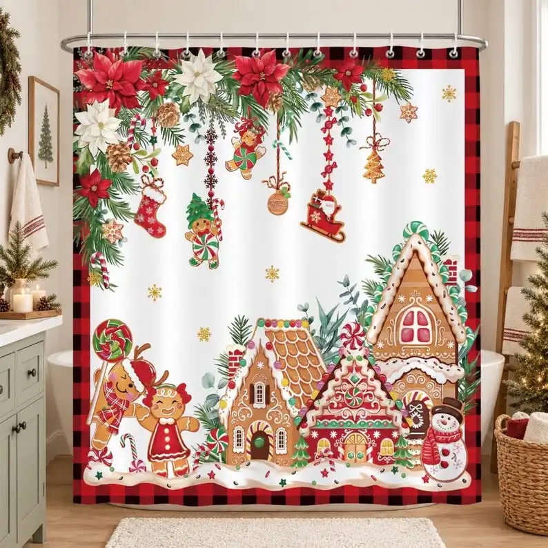 New in 2026 Christmas Gingerbread Shower Curtain, Holiday Buffalo Plaid Bath Decor