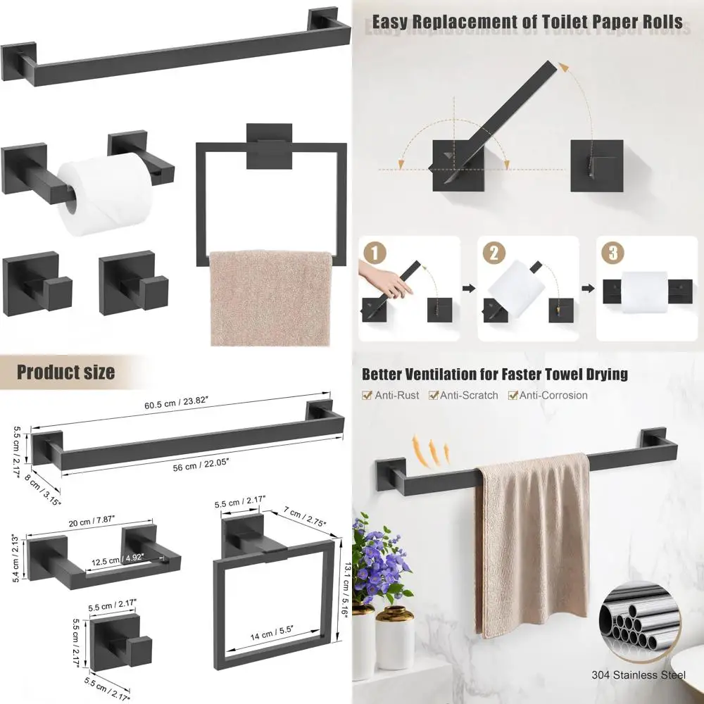 

Stainless Steel Bathroom Hardware Set - 5 Piece Matte Black Pivoting Toilet Paper Holder Accessories