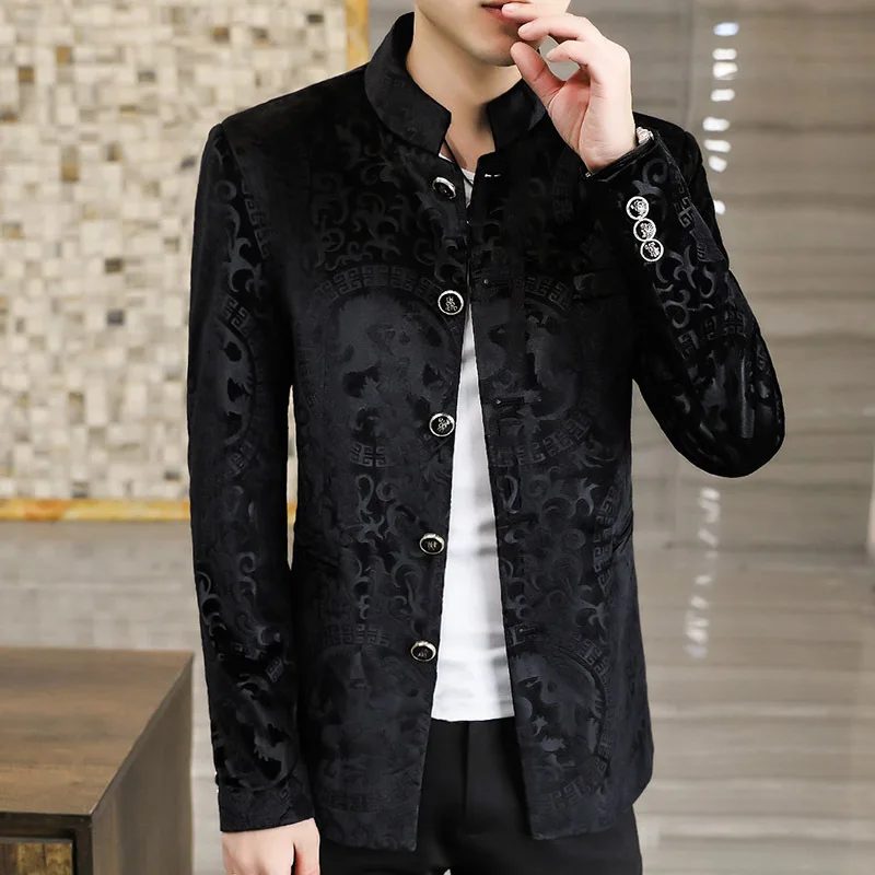 2024 Men\'s Spring New Gold Velvet Casual Printed blazer Youth Stand-up Collar All-Match Fashion Multi-Button   blazers