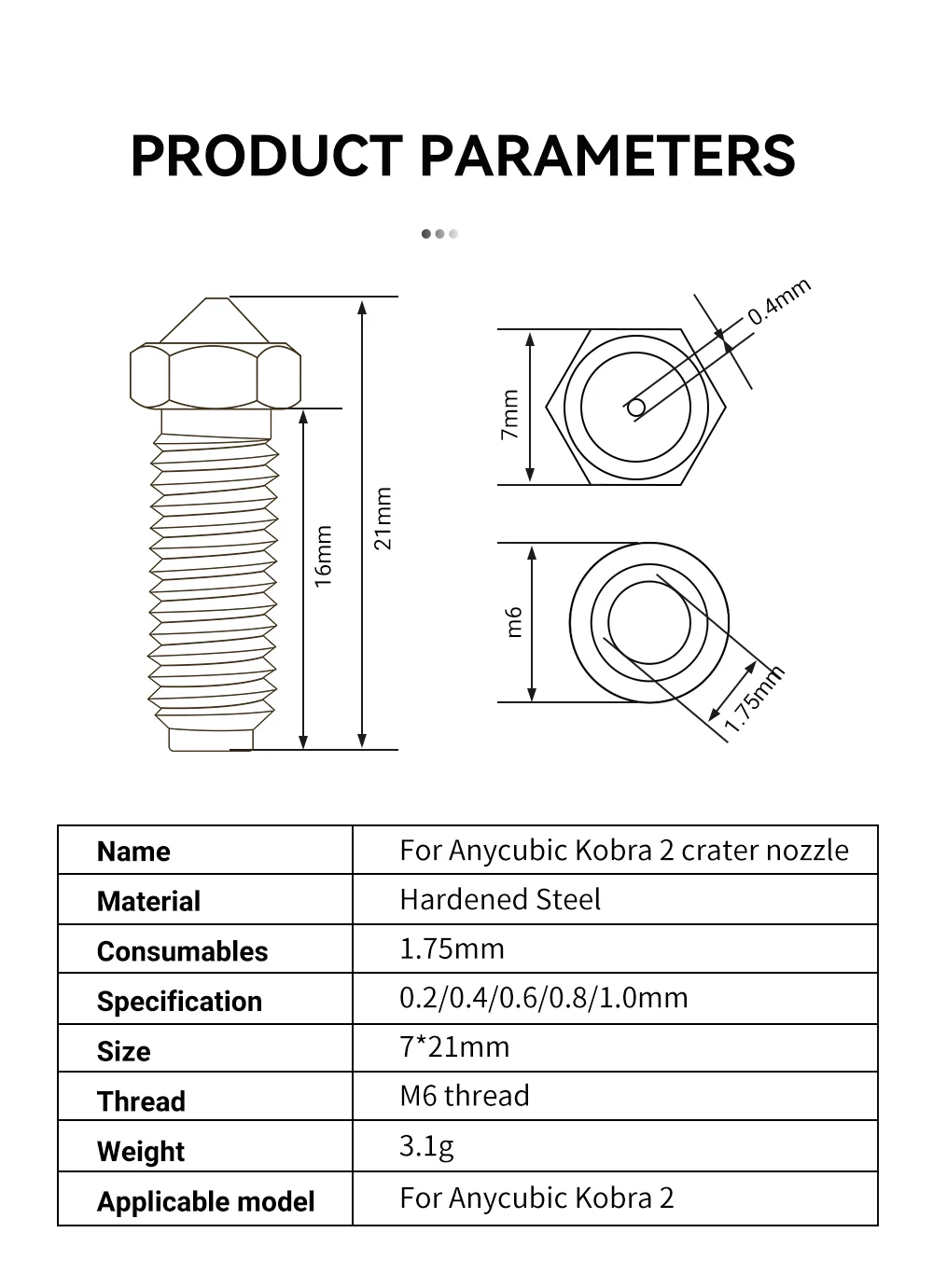 -buse volcanique pour Anycubic Kobra 2 Neo, buse en laiton et acier trempé de 0.4mm pour Anycubic Kobra 2 Pro/Plus 0.2 0.6 0.8mm