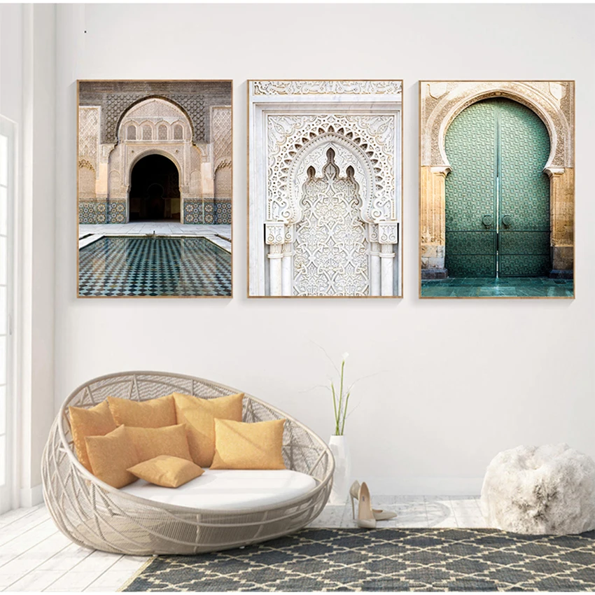 II Mosque Print Muslim Decoration Picture Moroccan Arch Old Door Canvas Painting Islamic Building Wall Art Poster Hassan