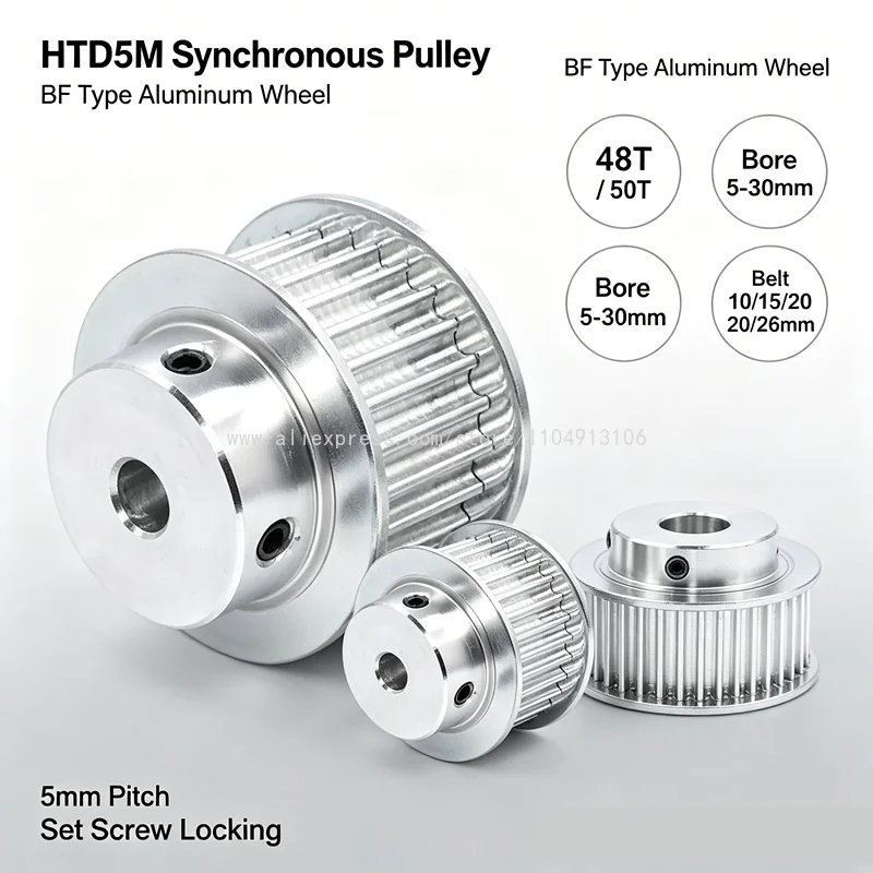 Aluminum HTD5M Timing Pulley 48T 50Teeth BF Type Synchronous Wheel Bore 5/6/8/10/12/14/15-30mm Belt Width 10/15/20/26mm Printer
