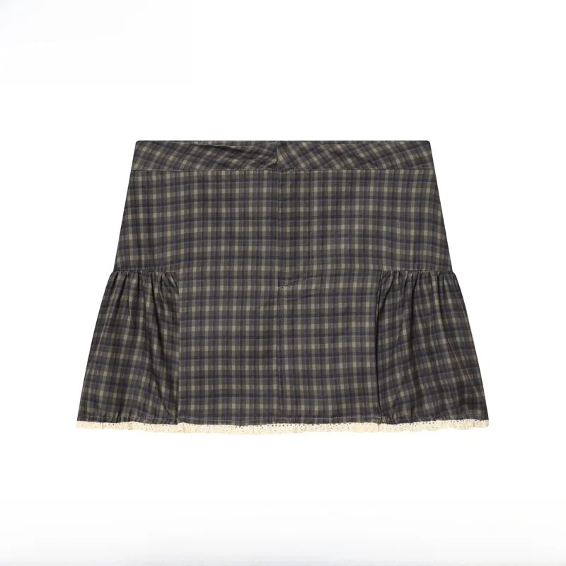 

Модная клетчатая юбка с кружевом для женщин, новая осенне-зимняя модель с высокой талией, А-силуэт, для повседневной носки и офиса, полиэстер