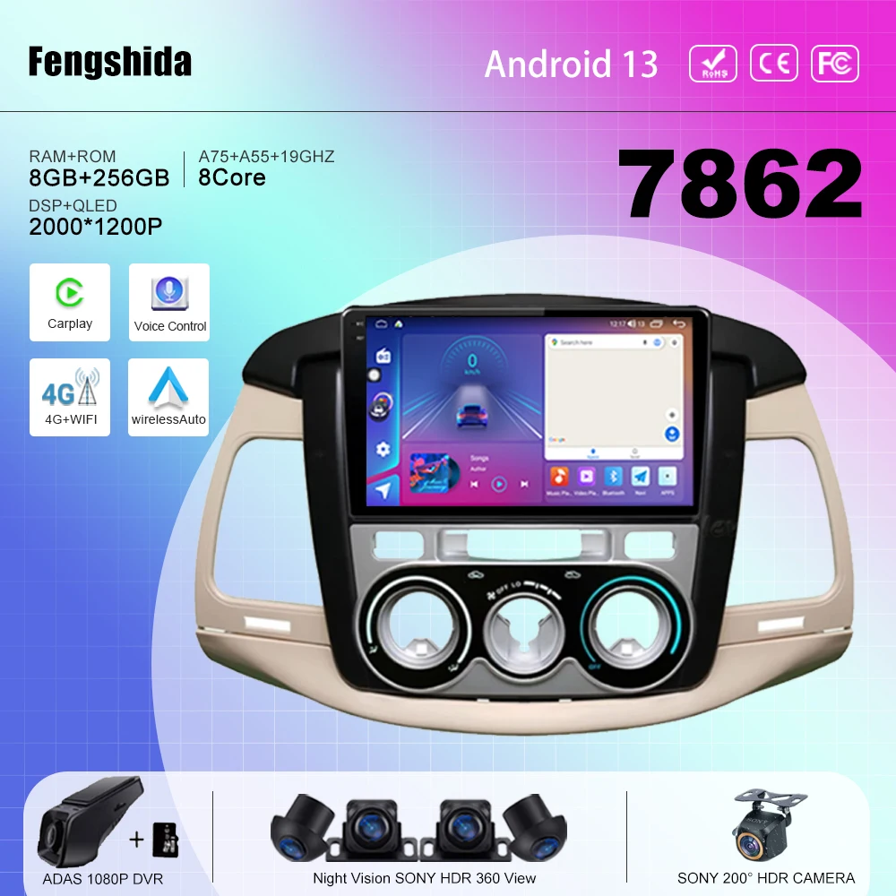 

7862 CPU Car Android 13 For Toyota Innova 2008-2010 Auto Radio Stereo multimedia player navigation GPS No 2din DVD 5G WIFI BT