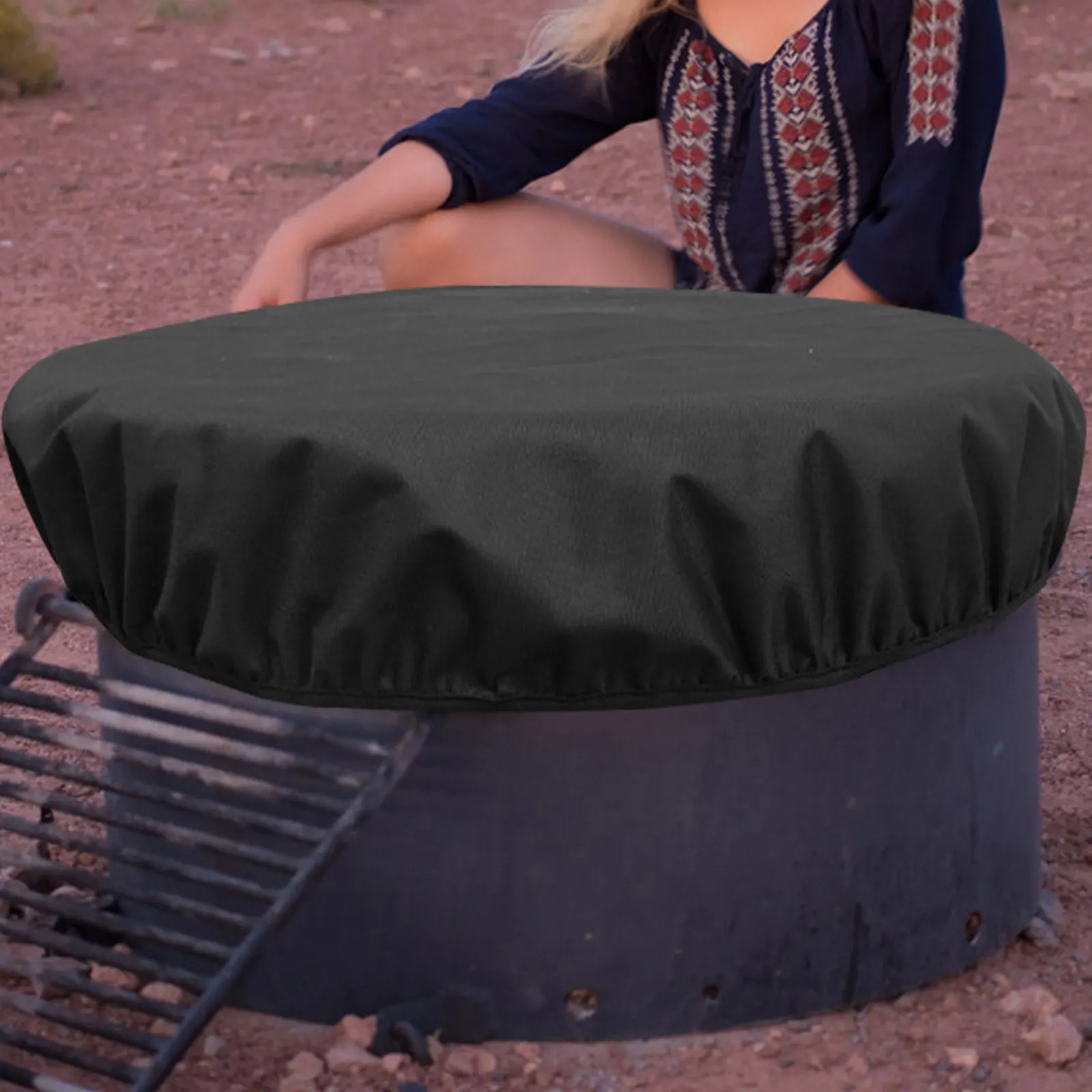 Waterproof Fire Pit Cover Round 40 Inch Heavy Duty 600D Oxford Fabric with Elastic Hem for Outdoor Patio Ground Fire Pits Rain view 5