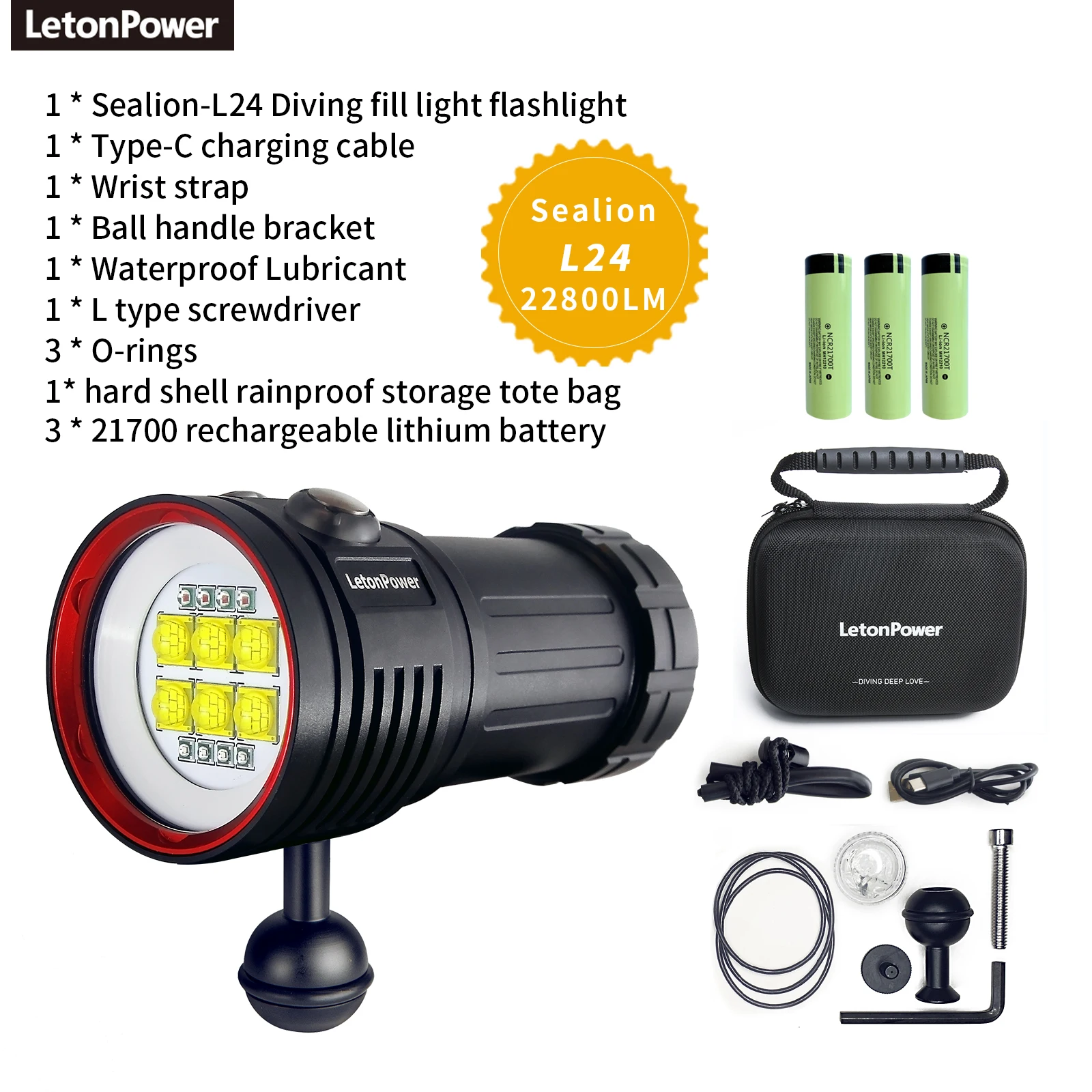 Professionele Duiken Zaklamp 100M Waterdicht Licht 22800 Lumen Duiken Licht Type-C Oplaadbare Onderwater Video Licht - afbeelding 1