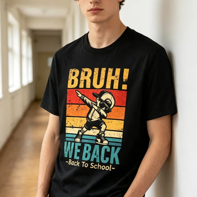Bruh We Back Shirt Retro Sunset Back To School Graphic Tee Vintage Student Teacher T-Shirt Casual Unisex Top School and Everyda