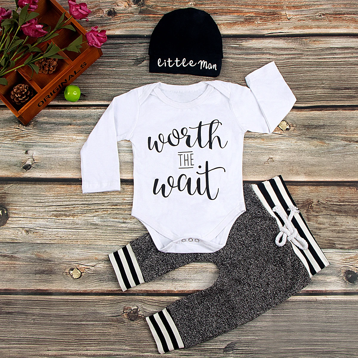 Newborn Baby Boy Clothes Cute Letter Print Long Sleeve Romper Bodysuit Pants Hat 3PC Coming Home Outfit