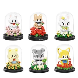 New building blocks cute pet garden series educational building blocks toys rose rabbit desktop ornaments with dust cover