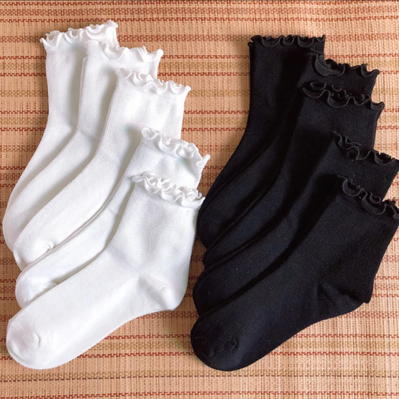 Lolita Ruffle Socks for Women White Black Frilly Lolita Style Japanese Maiden Cute Kawaii Cotton Harajuku Princess Crew Socks