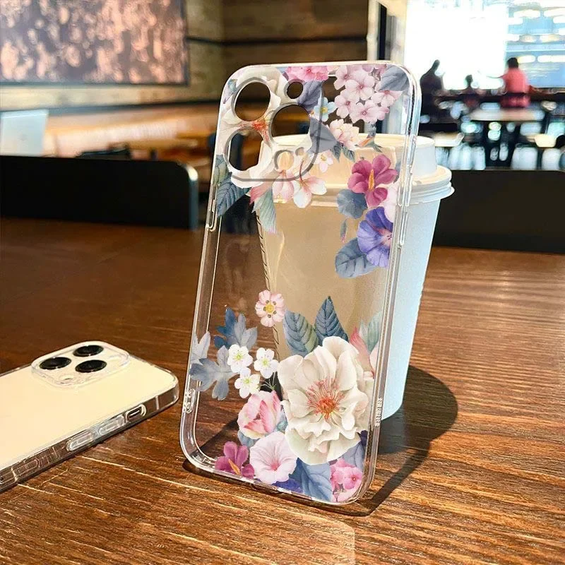 Case For Samsung Galaxy S25 S24 Ultra A55 A15 A54 5G A16 A35 A25 A56 A36 A26 A24 A06 A34 S23 FE Plus Transparent Floral Cover