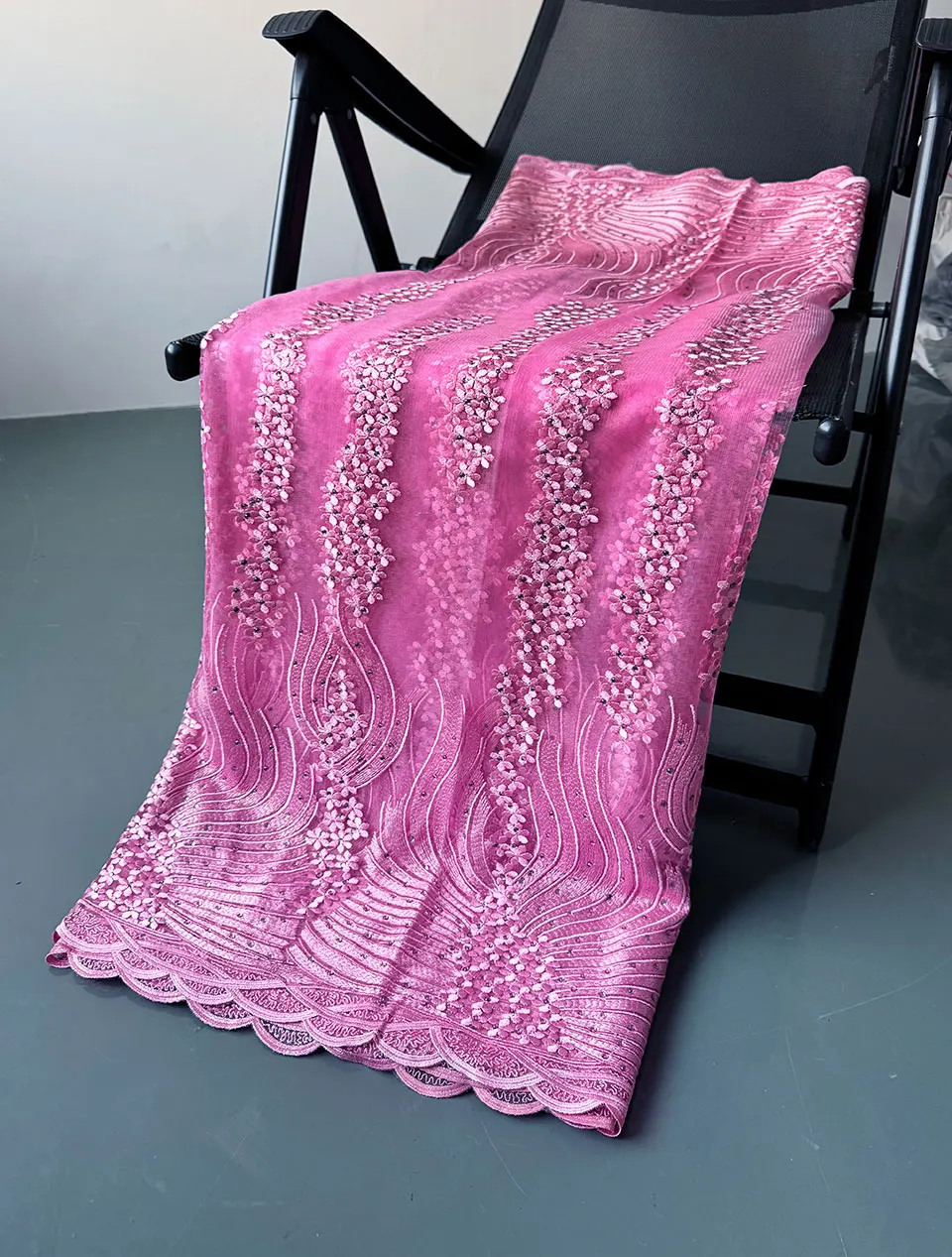 

Plain Pink Textured African French Net Lace with Stones Modern Traditional inspired Mesh Fabric for Aso Ebi