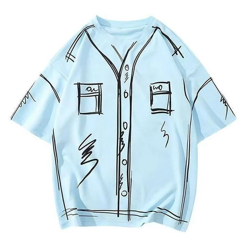 Men Print T-shirt Sketch Graffiti Fake Shirt Pattern Short Sleeve Crew Neck Casual Breathable Summer Streetwear New Tops