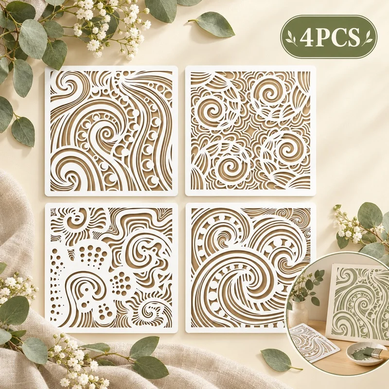 4PCS Abstract Texture Painting Templates Stencils Reusable PET Templates for Painting on Wood Wall Furniture DIY Home Decoration