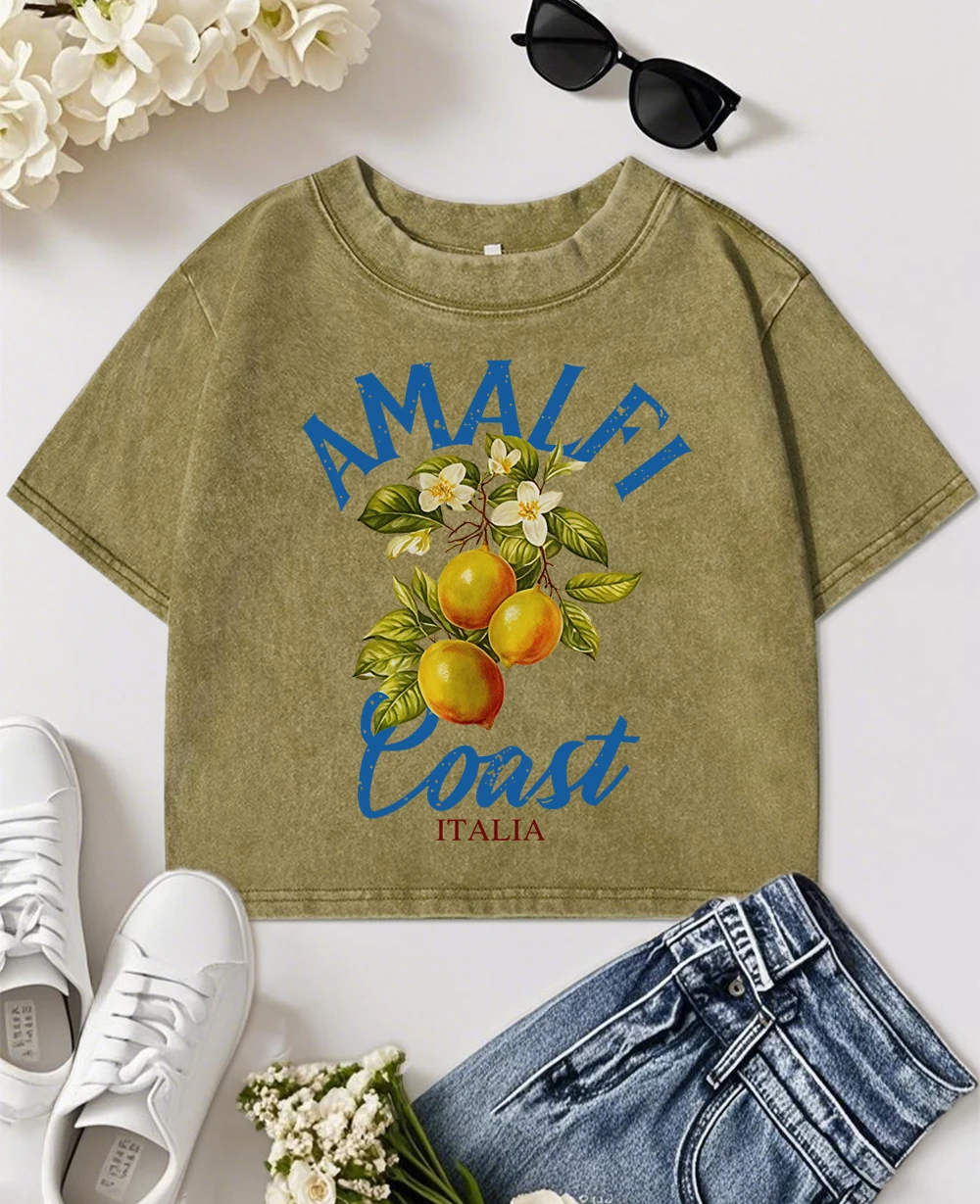 

Amalfi Coast, женская потертая тонкая футболка с принтом лимона и фруктов, ретро футболки для фитнеса, хлопковая повседневная спортивная одежда, универсальный топ Y2K