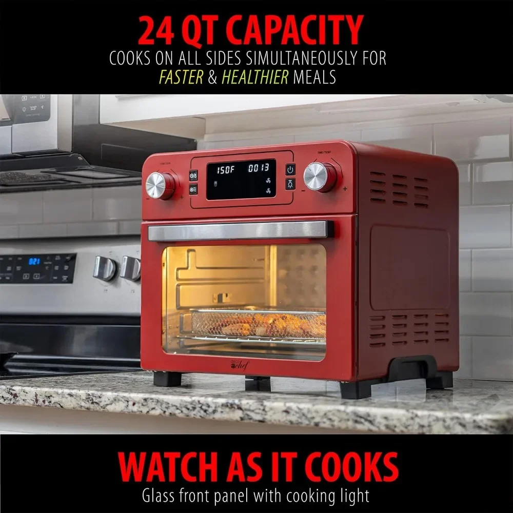 24 QT Red Stainless Steel Countertop 1700 Watt Toaster Oven with Built-in Air Fryer and Included Rotisserie Assembly,