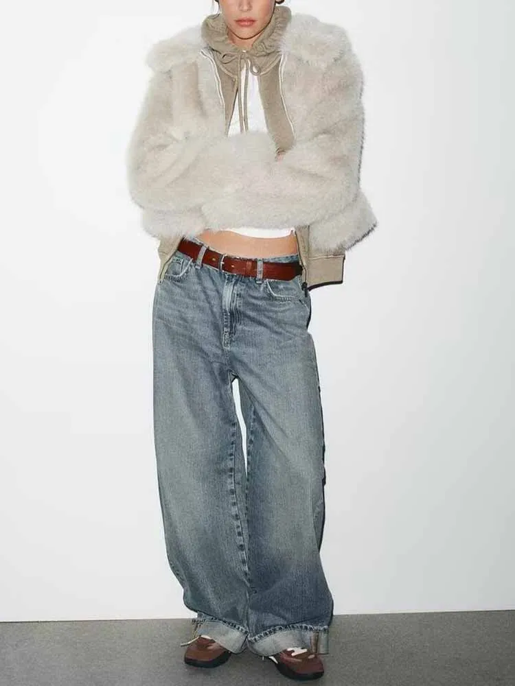 النمط الأوروبي والأمريكي الخريف موضة جديدة ملابس نسائية بسيطة متعددة الاستخدامات تأثير الفرو الصناعي سترة قصيرة بسحاب