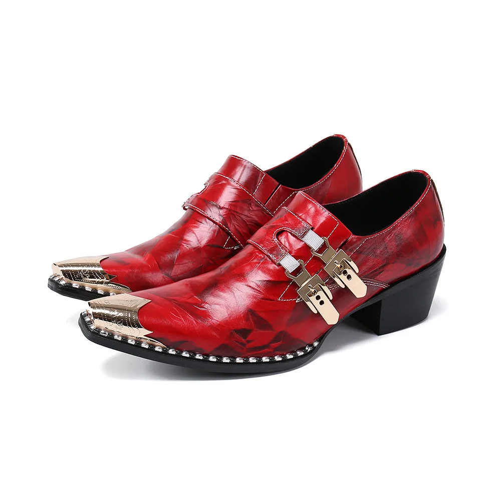 Black Red Pointed Toe Dress Shoes Men Office Genuine Leather Breathable Buckle Slip On Snake Pattern High Heels Shoes